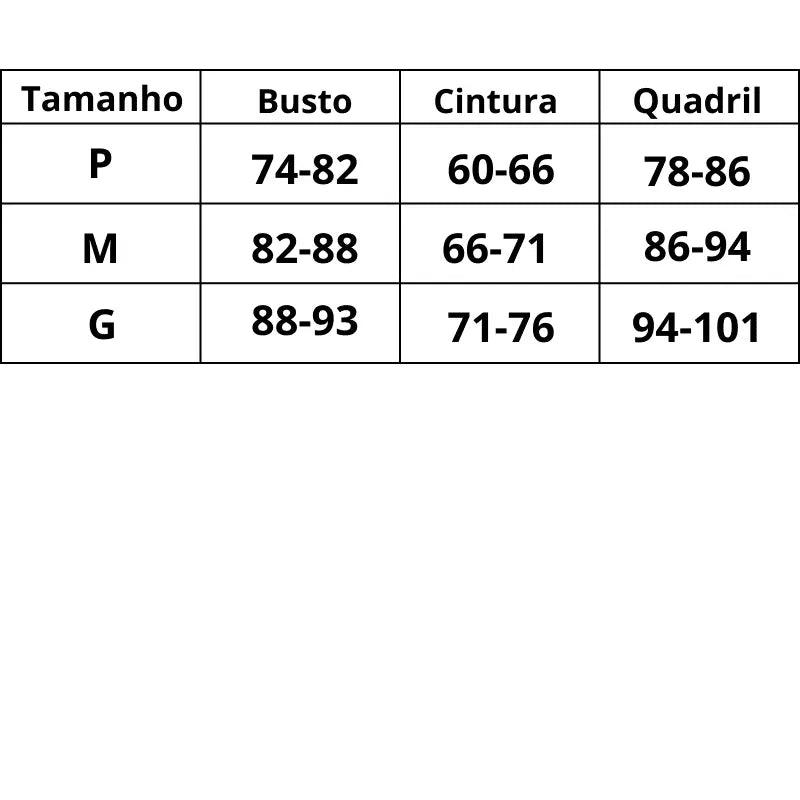 Tabela de medidas mostrando os tamanhos P, M e G com suas respectivas medidas em centímetros para busto, cintura e quadril.