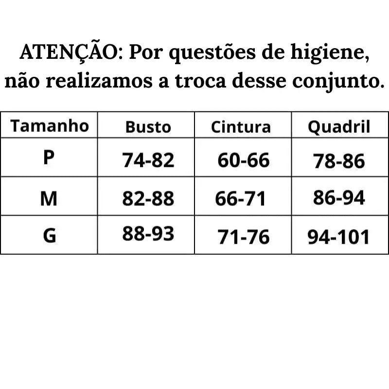 Tabela de medidas mostrando os tamanhos P, M e G com suas respectivas medidas em centímetros para busto, cintura e quadril.