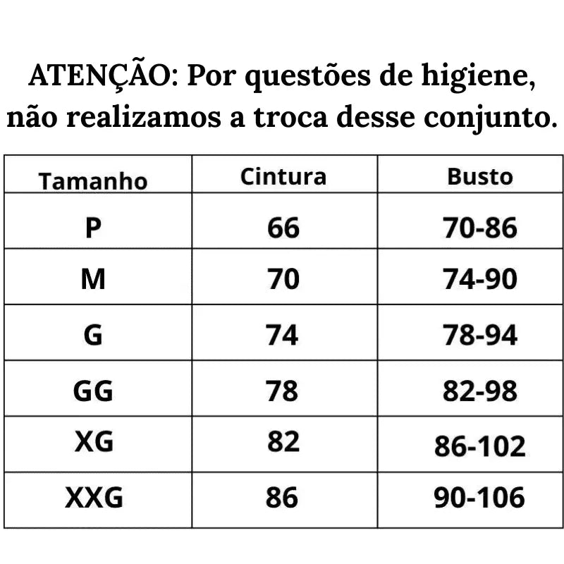 Tabela de Medidas Conjunto de Lingerie Encanto Noturno do P ao XXG