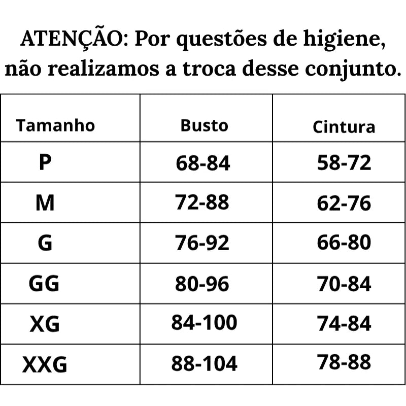 Tabela de Medidas Conjunto de Lingerie Floratta do P ao XXG