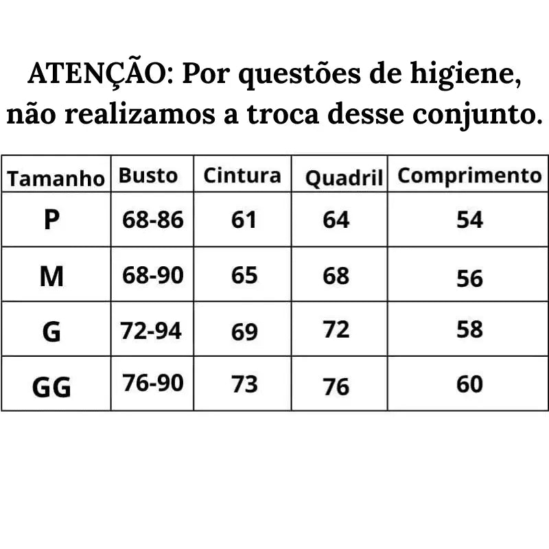 Tabela de Medidas Conjunto de Lingerie Intenso do P ao GG