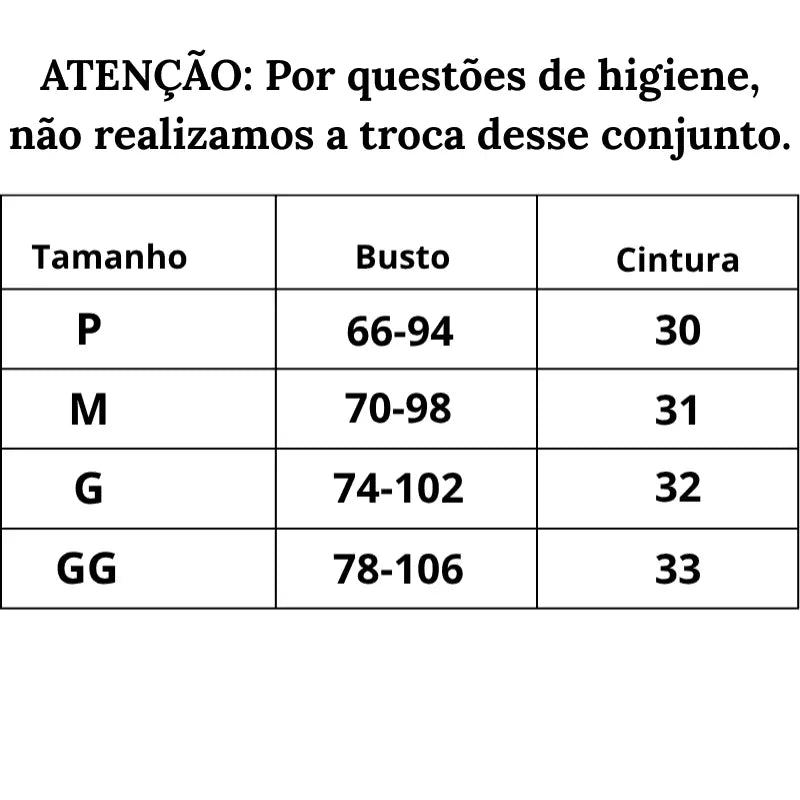 Tabela de Medidas Conjunto de Lingerie Mistério e Paixão do P ao GG