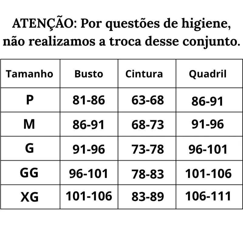Tabela de Medidas Conjunto de Lingerie Sedução Irresistível do P ao XG