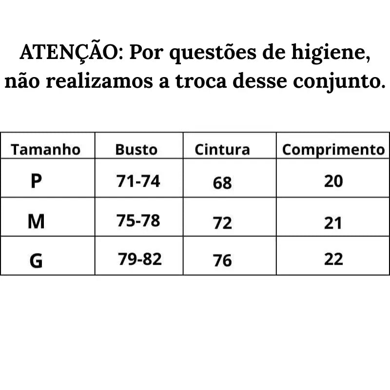 Tabela de Medidas Conjunto de lingerie Sublime Elegância do P ao G
