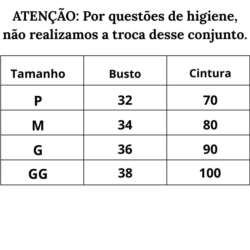 Tabela de Medidas Lingerie Momento Único do P ao GG