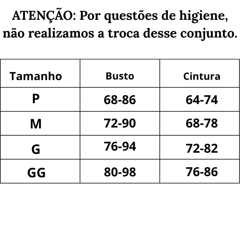 Tabela de Medidas Lingerie Sedução Magnética do P ao GG