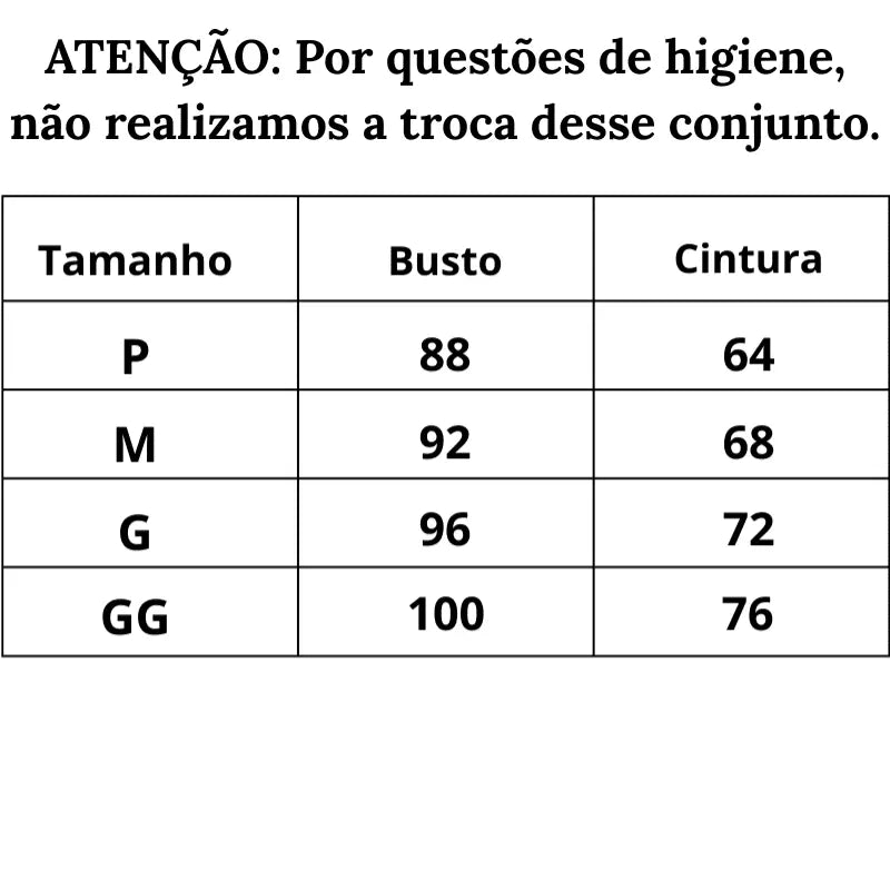 Tabela de Medidas Lingerie Segredo íntimo do P ao GG