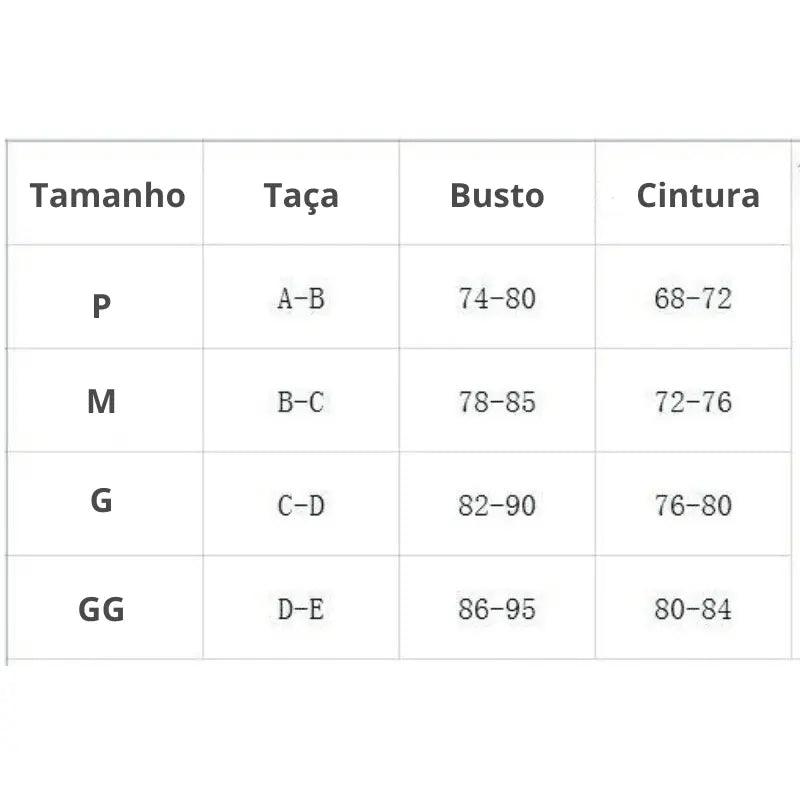 Tabela de Medidas Maiô Sofisticação do P ao GG