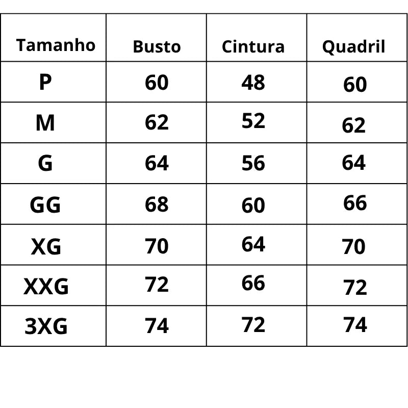 Tabela de Tamanhos Macaquinho Modelador Supreme Elegance do P ao 3XG