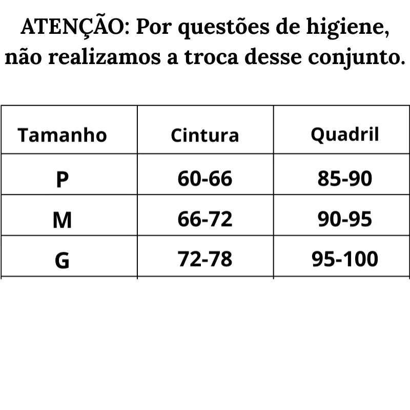 Tabela de Medidas Biquiní Tropical Fit do P ao G
