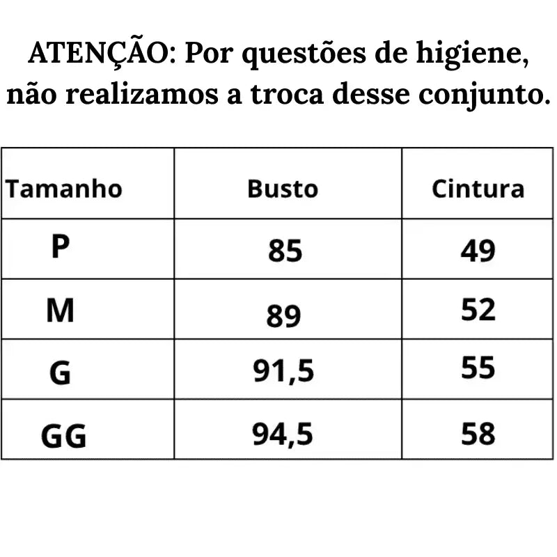 Tabela de medidas Conjunto 4 Peças Noite sublime do P ao GG