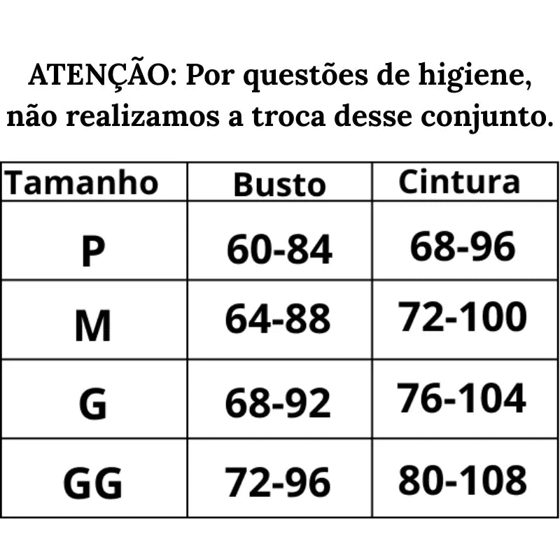 Tabela de medidas Conjunto Lingerie Encanto Irresistível do P ao GG