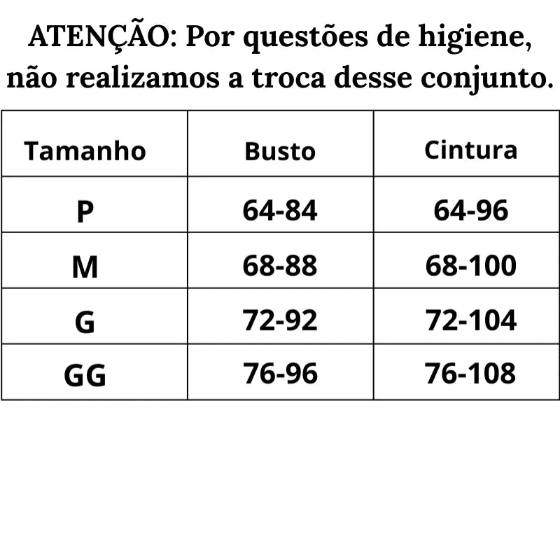 Tabela de medidas Conjunto de Lingerie Amor Próprio do P ao GG