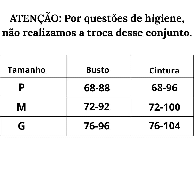 Tabela de medidas Conjunto de Lingerie Sensual Premium do P ao G