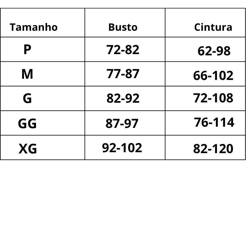 Tabela de medidas Pijama Toque de Elegância do P ao XG