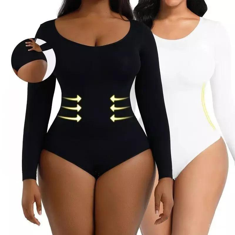 Body manga longa plus size disponível em preto e branco, com tecnologia de compressão para modelar a cintura e valorizar curvas