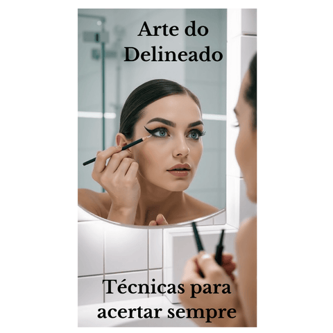 Arte do delineado: modelo aplicando delineador líquido preto no espelho, demostrando técnica de maquiagem profissional