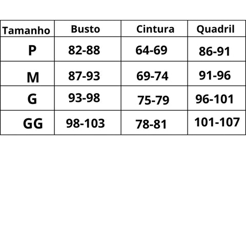 Tabela de medidas busto, cintura e quadril