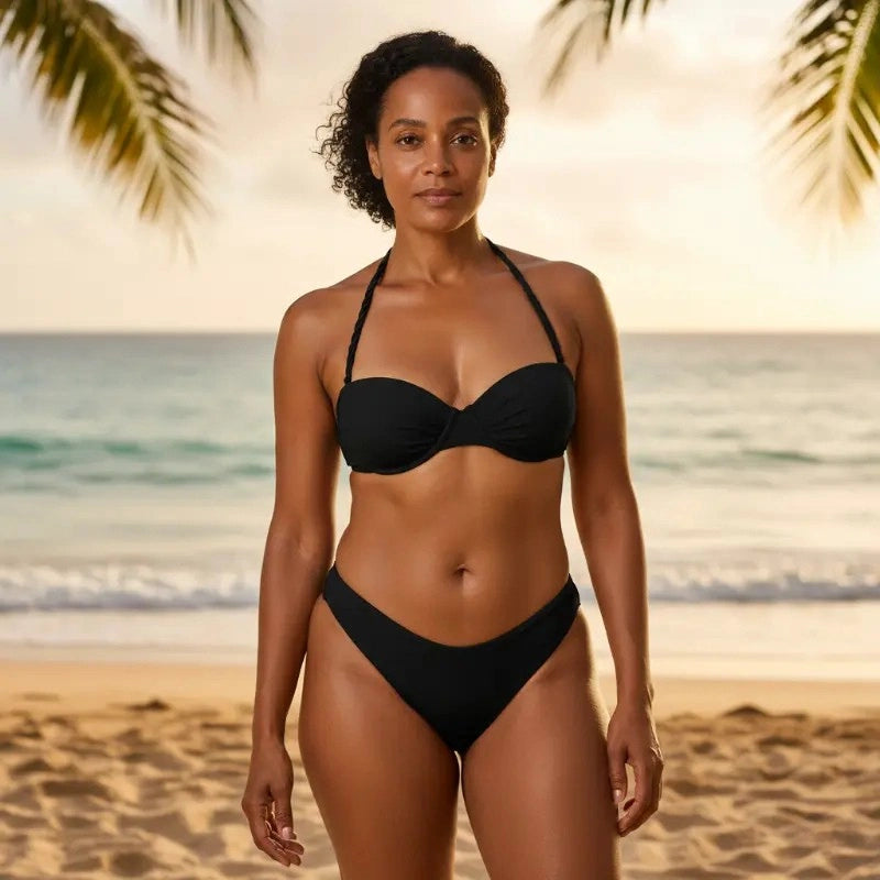 Mulher de biquíni preto na praia ao pôr do sol com coqueiros ao fundo 