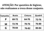 Esta imagem mostra uma tabela de tamanhos com medidas de busto, cintura e quadris em centímetros