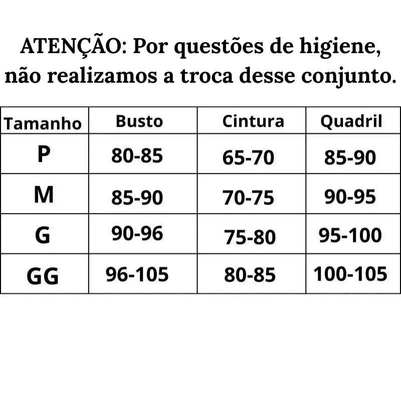 Tabela de Medidas Biquiní Summer Chic do P ao GG