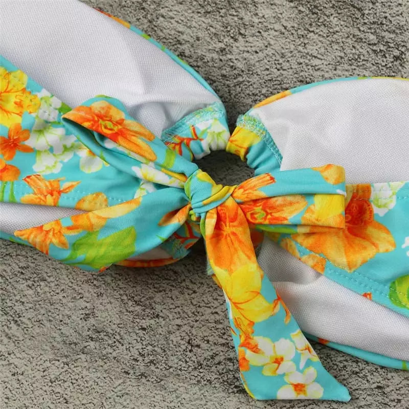 Biquíni top com amarração floral tropical azul laranja e amarelo