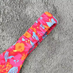 Biquíni top bandeau franzido estampa floral tropical rosa e laranja