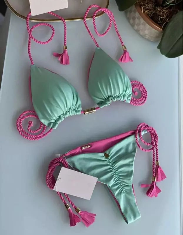 conjunto de biquíni verde menta e rosa choque vibrante e chamativo