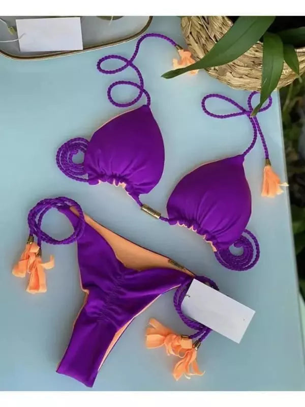 conjunto de biquíni roxo e laranja vibrante