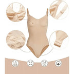  body feminino bege com detalhes técnicos sobre as características de design e tecido.