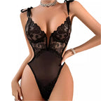 Body lingerie preto renda transparente com laços nos ombros - roupa íntima sensual