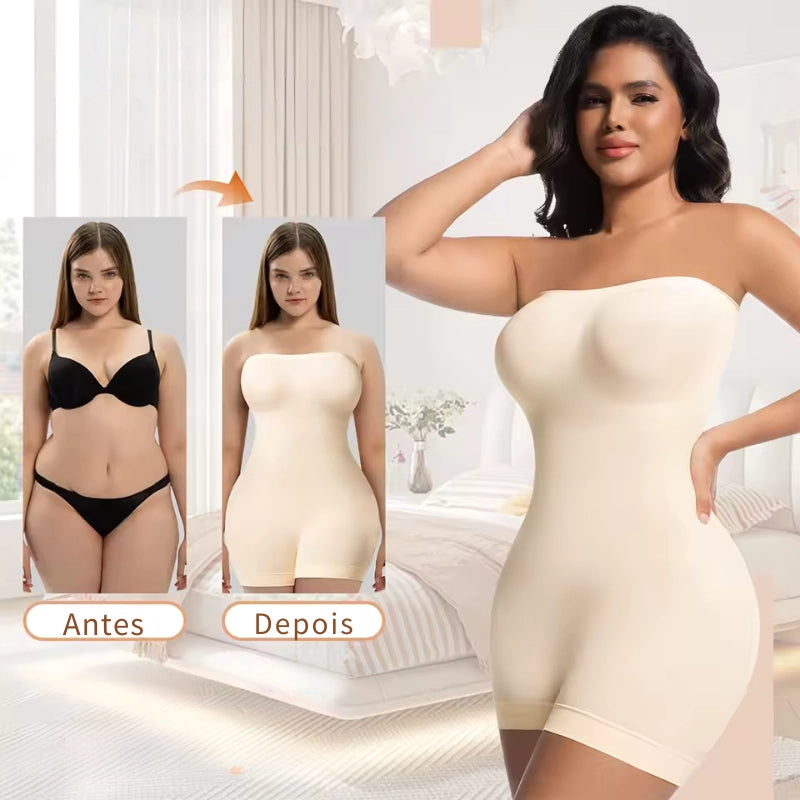 Body modelador alta compressão antes e depois mostrando efeito modelador instantâneo