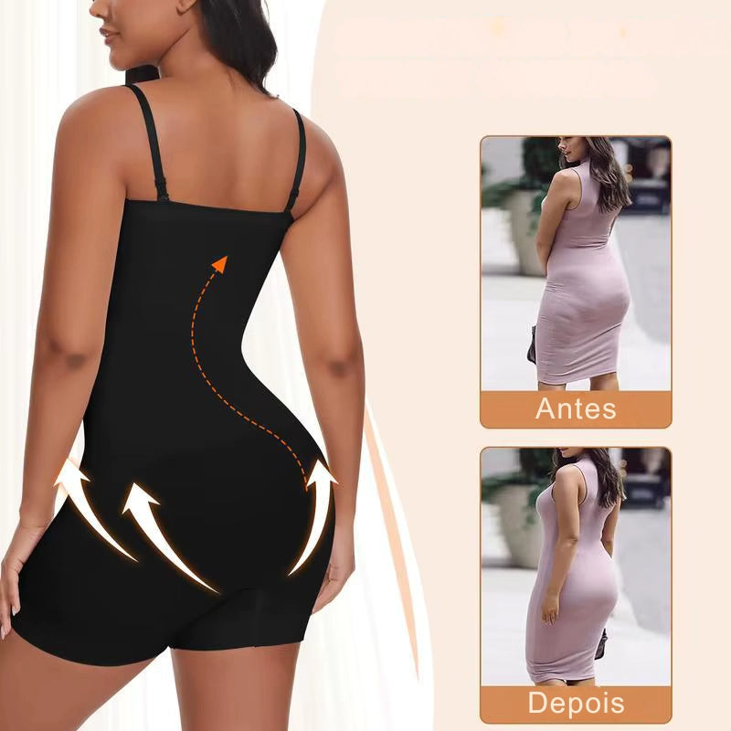 Body modelador alta compressão antes e depois mostrando efeito nas costas e bumbum