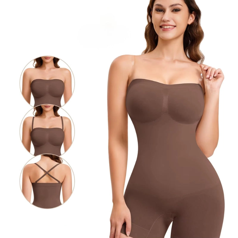 Body Modeladora Tomara Que Caia marrom com tutorial de uso e alças versáteis
