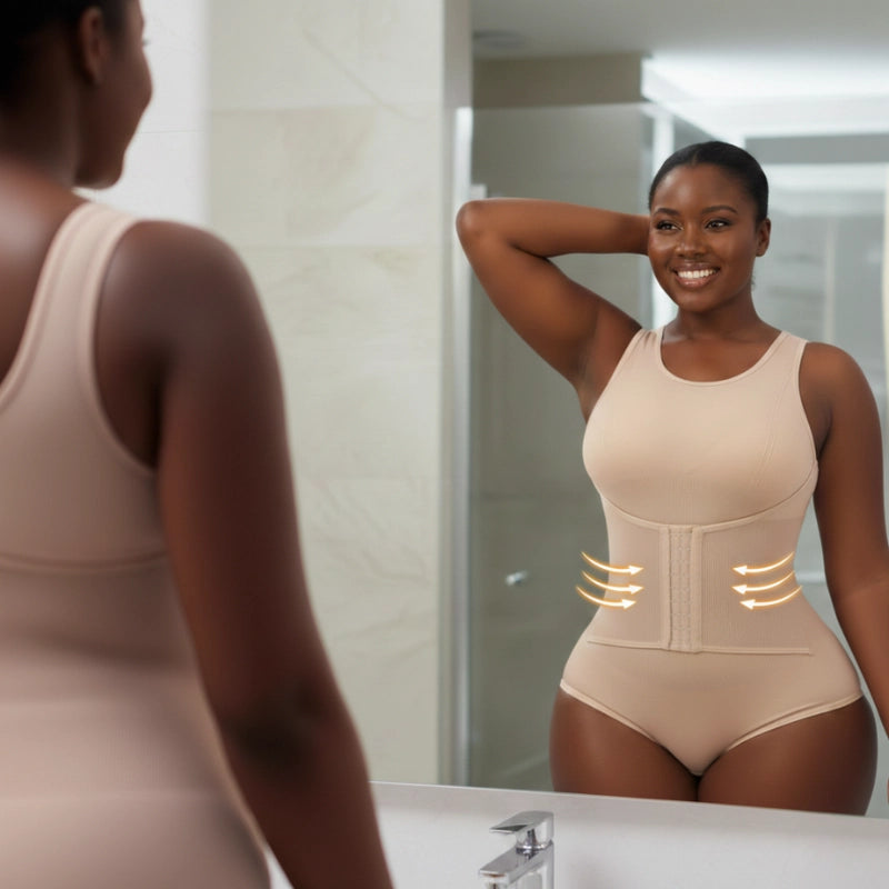 Body modelador alta compressão bege para modelagem de cintura e abdômen
