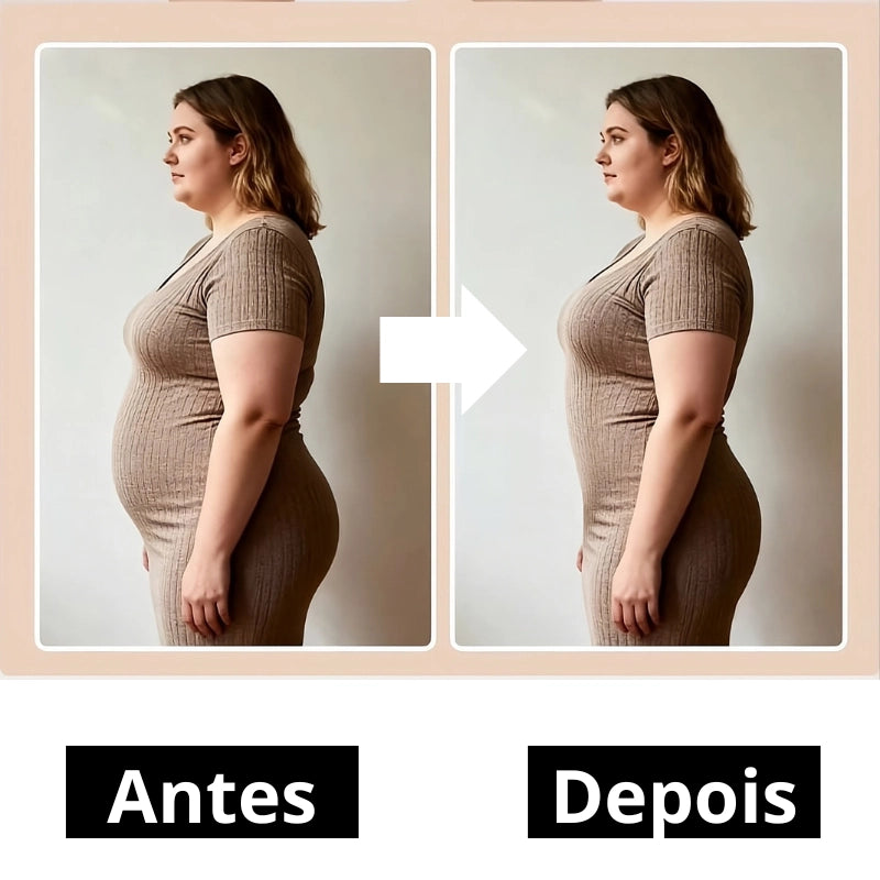 Antes e depois do body modelador feminino mostrando efeito de compressão
