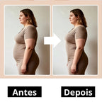 Antes e depois do body modelador feminino mostrando efeito de compressão
