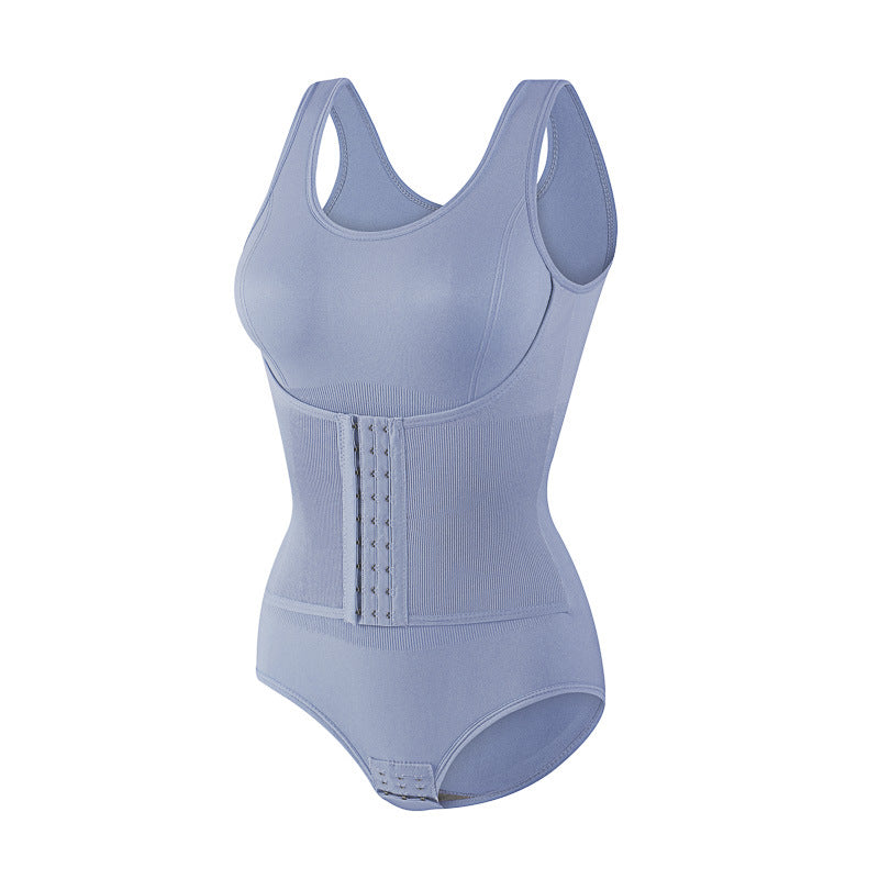 Body compressão azul com fecho frontal e modelagem de cintura
