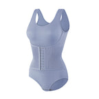 Body compressão azul com fecho frontal e modelagem de cintura
