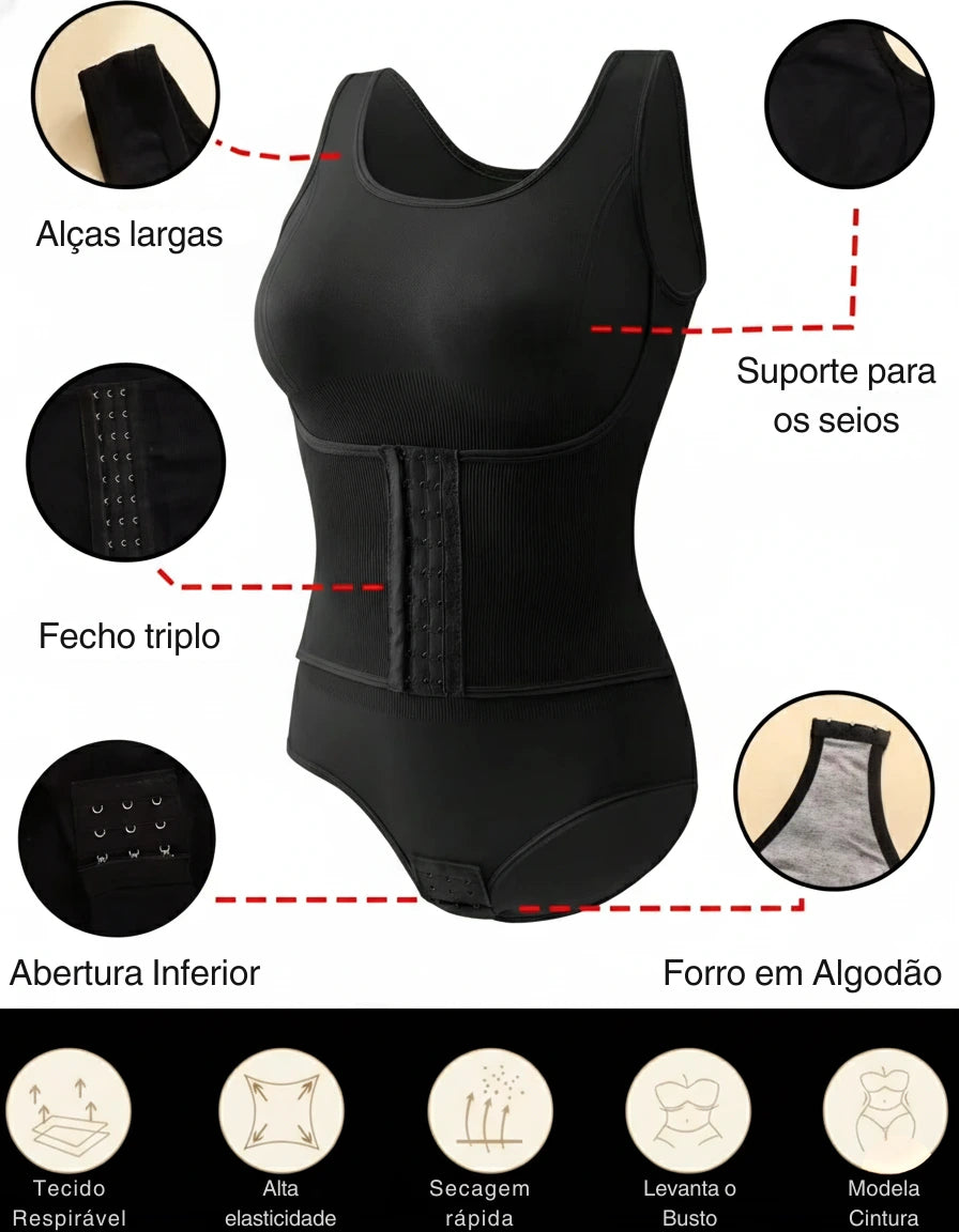 Body compressão preto mostrando benefícios: alças largas, fecho triplo e suporte