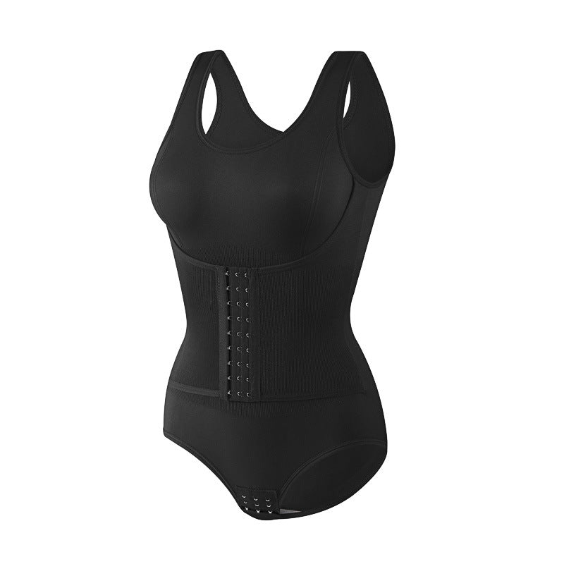 Body compressão preto com fecho frontal e modelagem de cintura
