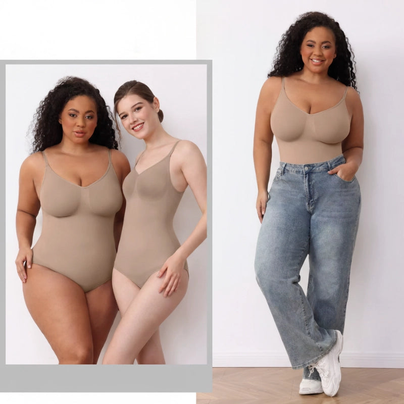Body modelador feminino bege usado sozinho e com calça jeans, modelos plus size e slim