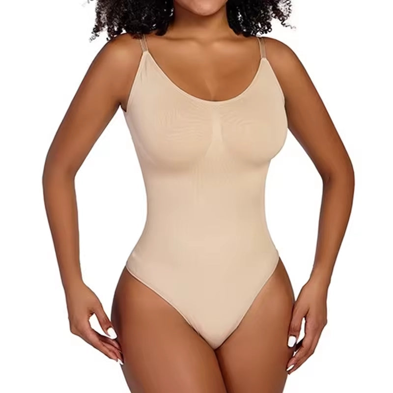 Body modelador feminino bege com alças finas, bojo embutido e modelagem slim