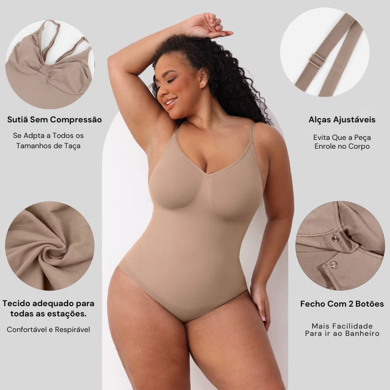 Body modelador feminino bege com sutiã sem compressão, alças ajustáveis e fecho 2 botões