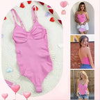 Body modelador feminino rosa com alças finas, decote V e fechamento entre pernas