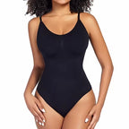 Body modelador feminino preto com alças finas, decote redondo e modelagem slim