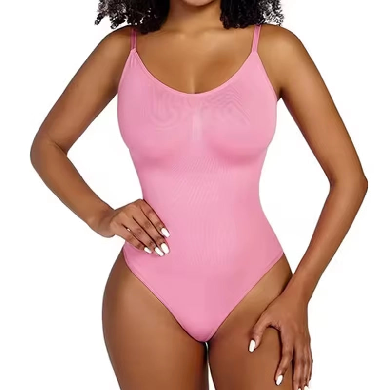 Body modelador feminino rosa com alças finas, decote redondo e modelagem slim