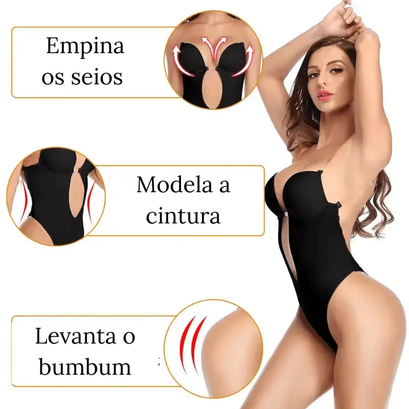 Body modelador feminino preto empina seios e levanta bumbum efeito push up