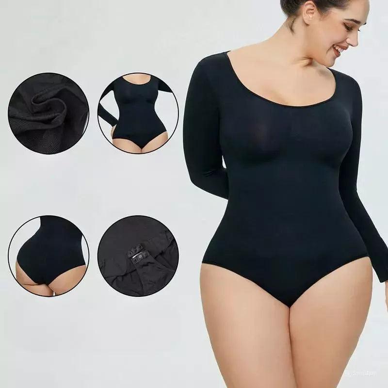 Body modelador preto com detalhes de acabamento premium, mangas longas e corte anatômico para maior conforto e modelagem corporal