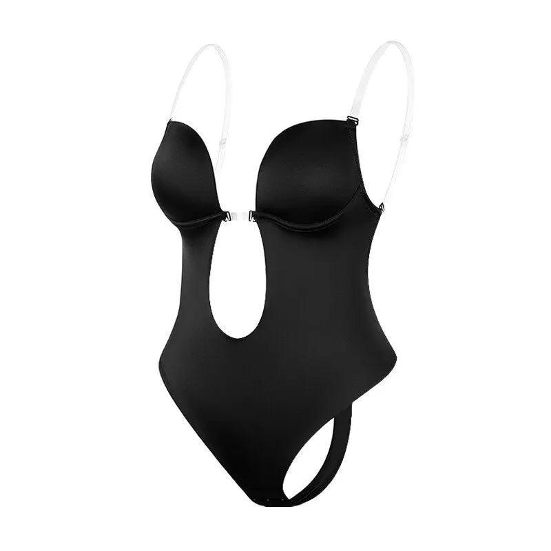 Body modelador preto com alças invisíveis e design de recorte frontal SlimFit.